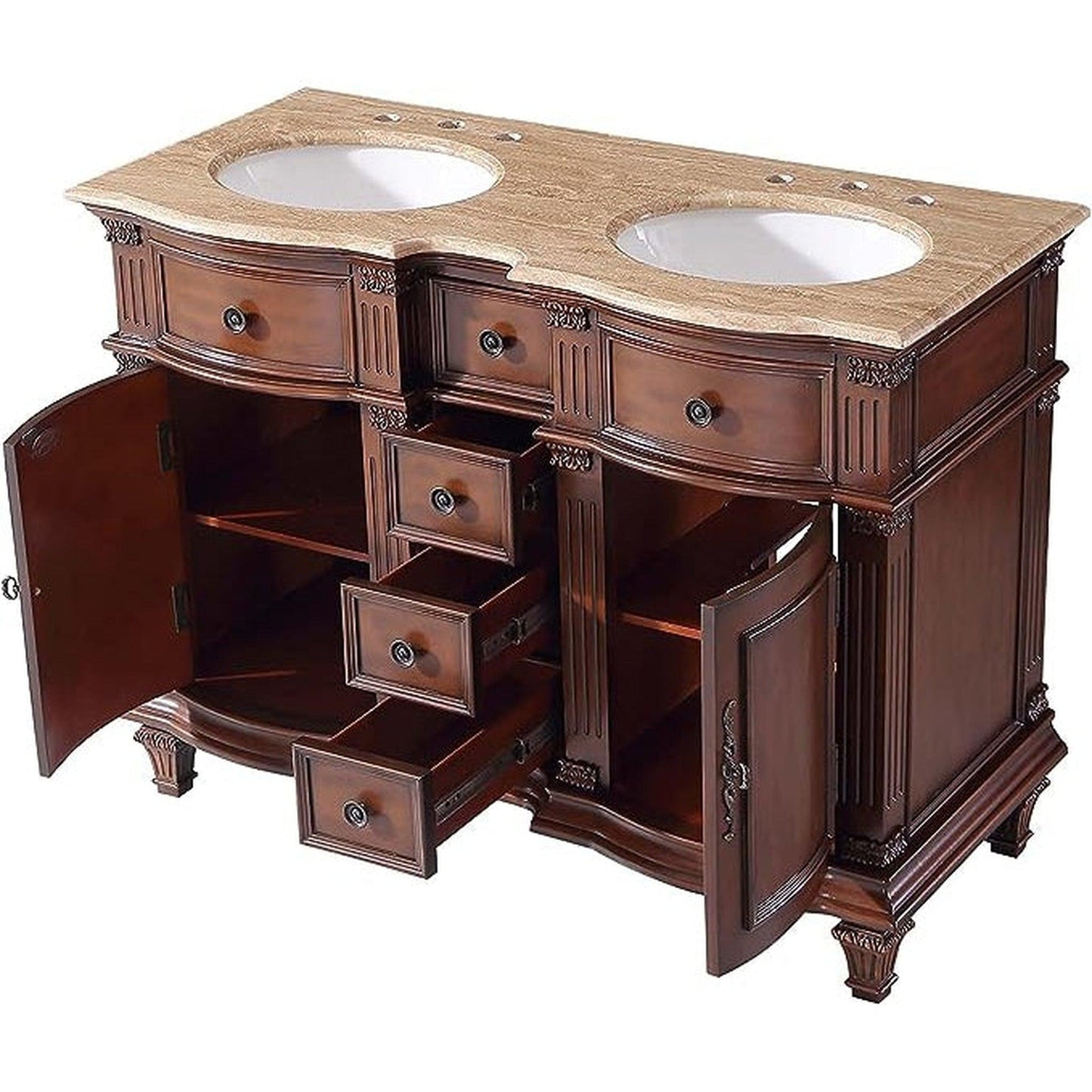 Silkroad Exclusive 48" Double Sink Brazilian Rosewood Bathroom Vanity With Travertine Countertop and White Ceramic Undermount Sink