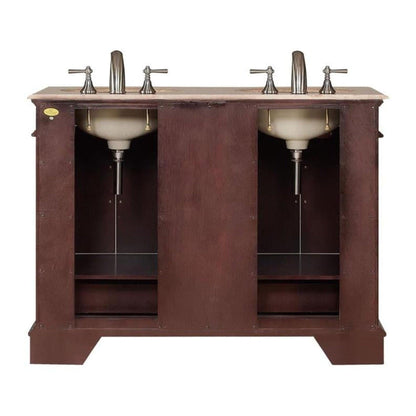 Silkroad Exclusive 48" Double Sink Dark Walnut Bathroom Vanity With Travertine Countertop and White Ceramic Undermount Sink