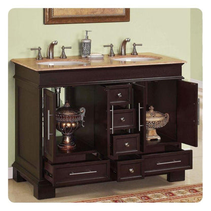 Silkroad Exclusive 48" Double Sink Dark Walnut Bathroom Vanity With Travertine Countertop and White Ceramic Undermount Sink