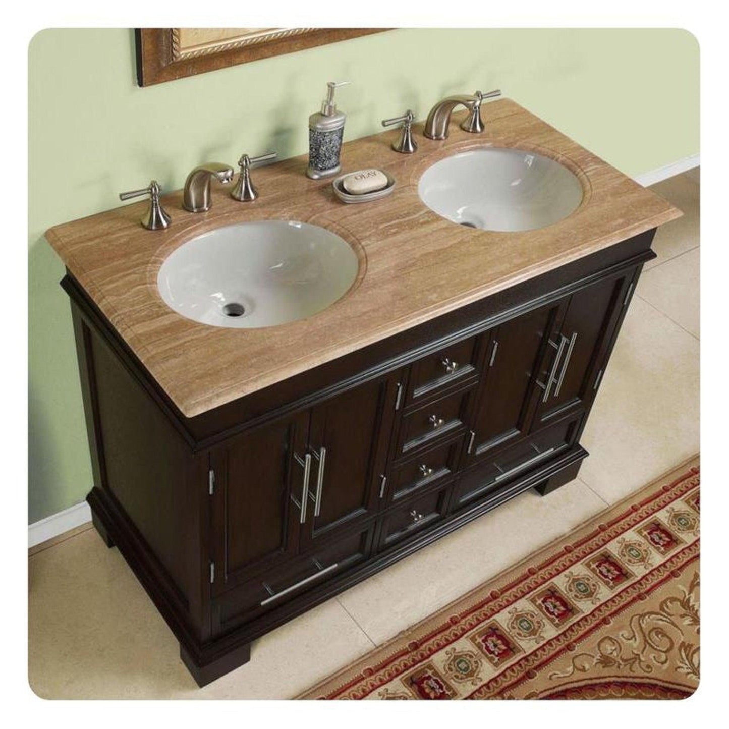 Silkroad Exclusive 48" Double Sink Dark Walnut Bathroom Vanity With Travertine Countertop and White Ceramic Undermount Sink