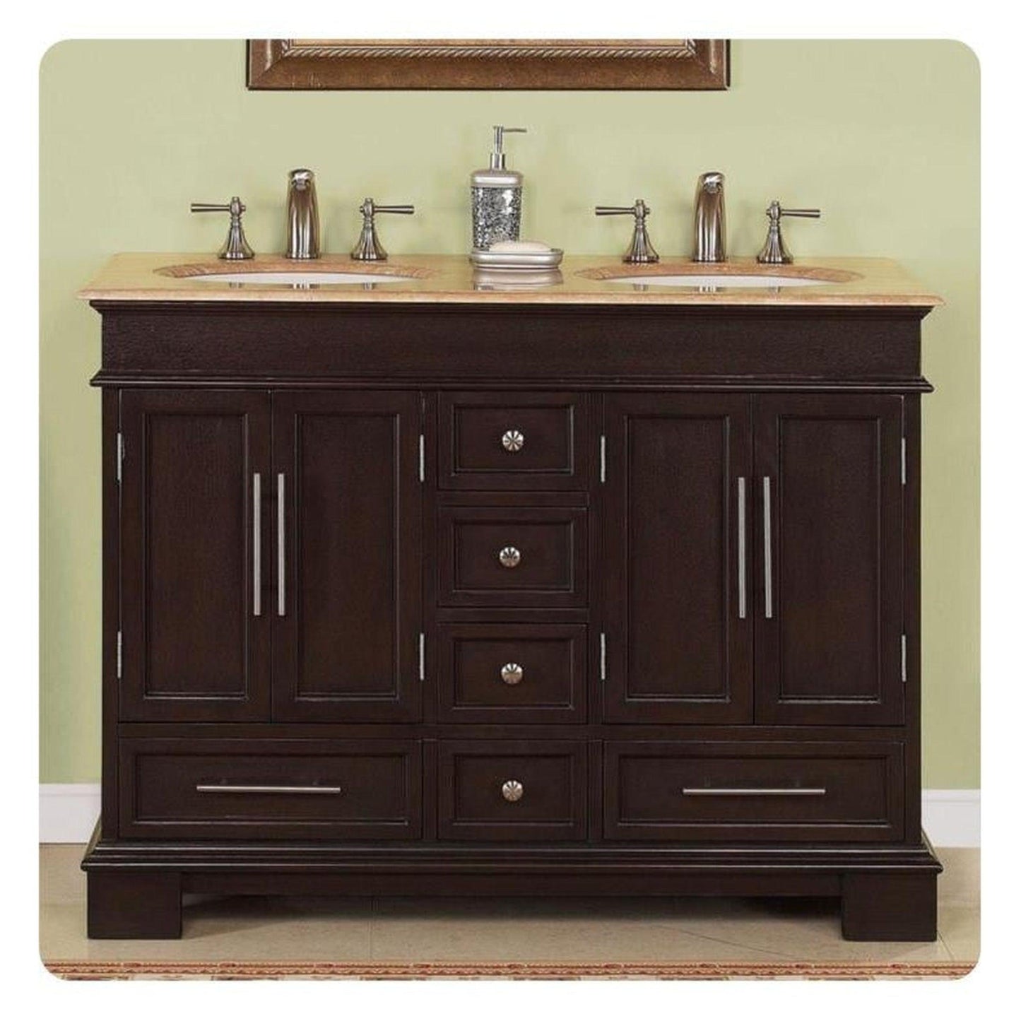 Silkroad Exclusive 48" Double Sink Dark Walnut Bathroom Vanity With Travertine Countertop and White Ceramic Undermount Sink