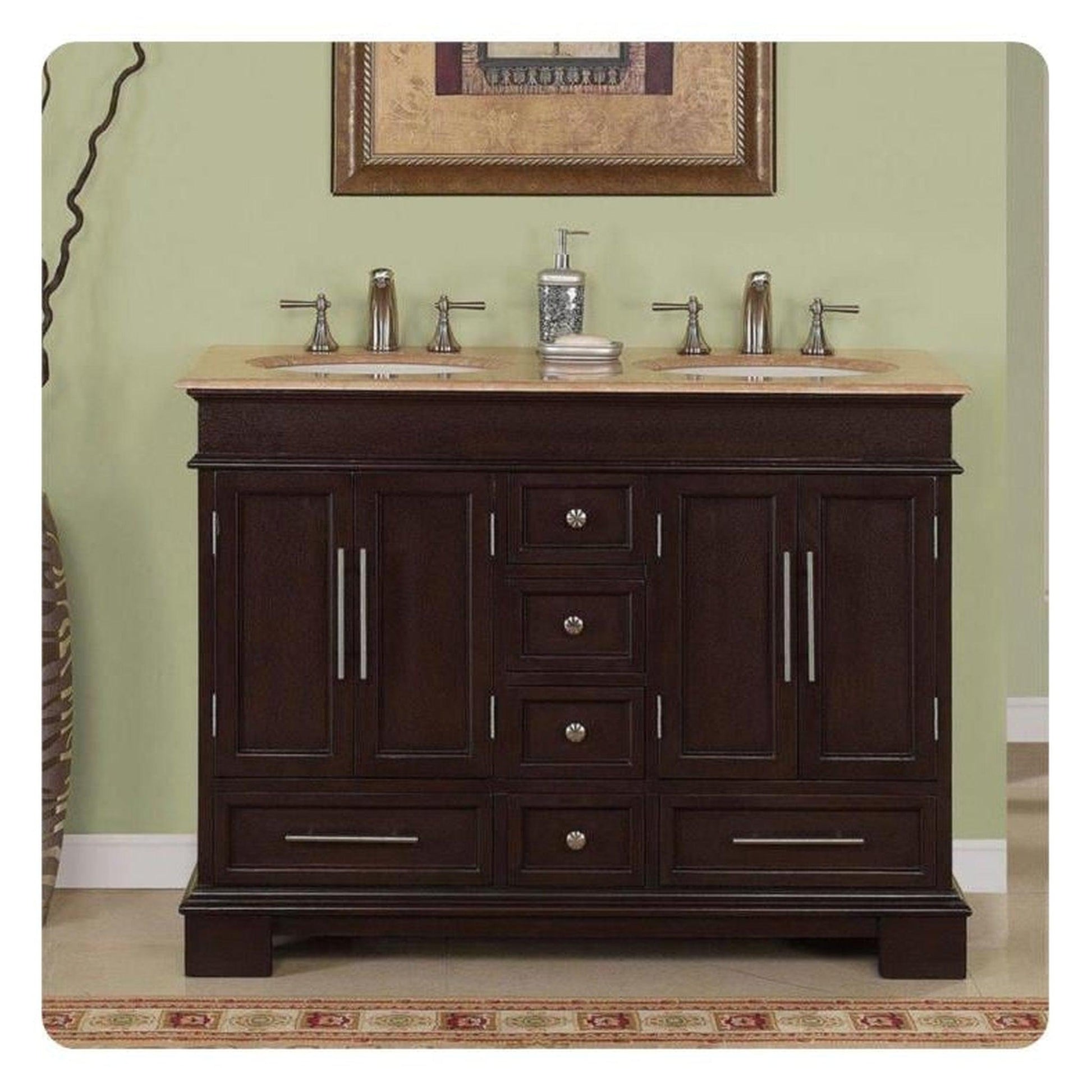 Silkroad Exclusive 48" Double Sink Dark Walnut Bathroom Vanity With Travertine Countertop and White Ceramic Undermount Sink