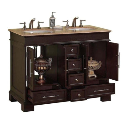 Silkroad Exclusive 48" Double Sink Dark Walnut Bathroom Vanity With Travertine Countertop and White Ceramic Undermount Sink