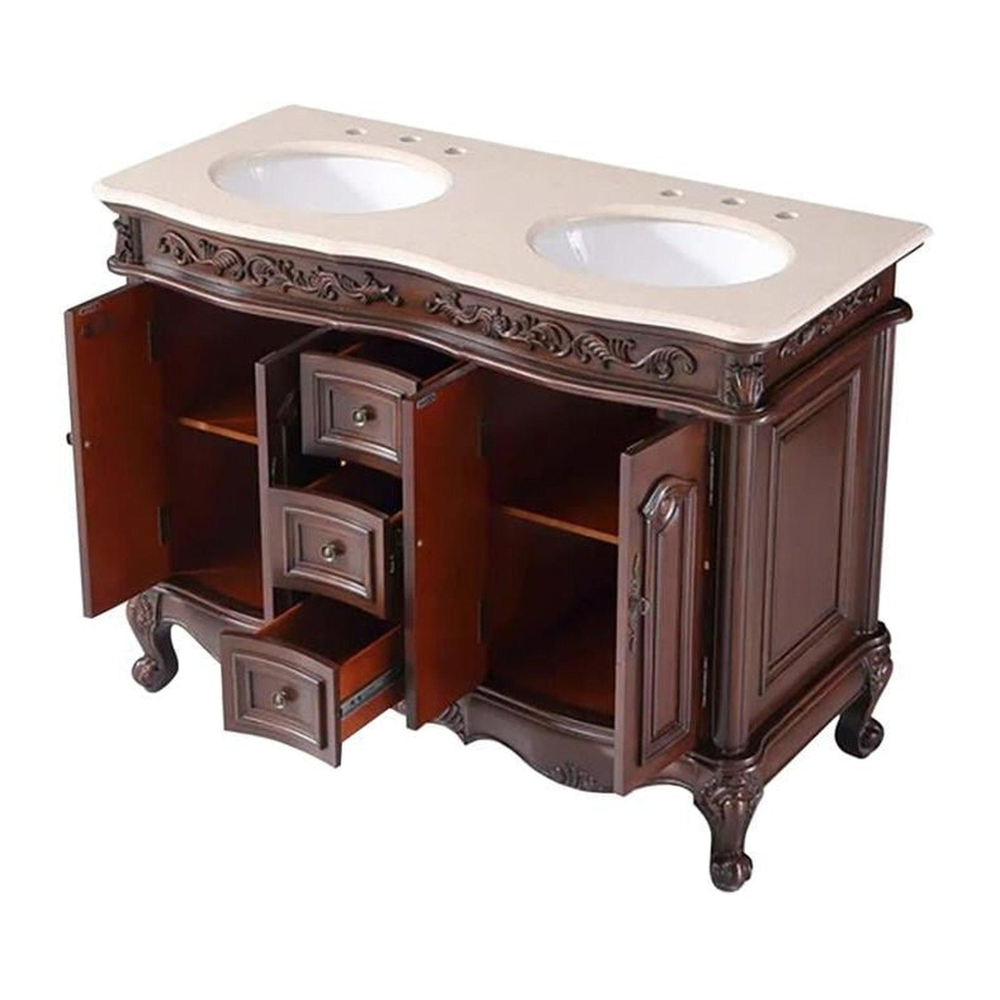 Silkroad Exclusive 48" Double Sink English Chestnut Bathroom Vanity With Crema Marfil Marble Countertop and White Ceramic Undermount Sink