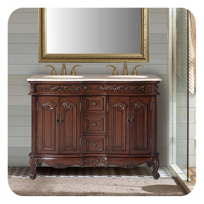 Silkroad Exclusive 48" Double Sink English Chestnut Bathroom Vanity With Crema Marfil Marble Countertop and White Ceramic Undermount Sink