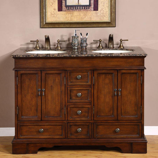 Silkroad Exclusive 48" Double Sink Red Chestnut Bathroom Vanity With Baltic Brown Granite Countertop and Ivory Ceramic Undermount Sink