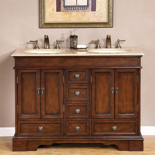 Silkroad Exclusive 48" Double Sink Red Chestnut Bathroom Vanity With Travertine Countertop and Ivory Ceramic Undermount Sink