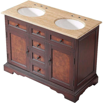 Silkroad Exclusive 48" Double Sink Red Chestnut Bathroom Vanity With Travertine Countertop and White Ceramic Undermount Sink