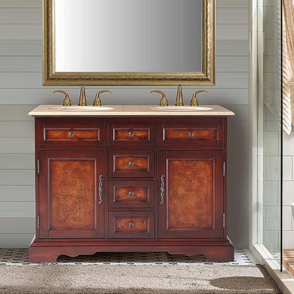 Silkroad Exclusive 48" Double Sink Red Chestnut Bathroom Vanity With Travertine Countertop and White Ceramic Undermount Sink