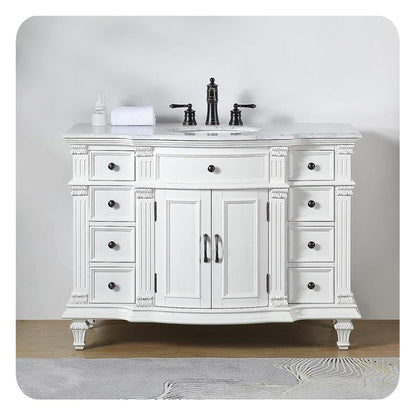 Silkroad Exclusive 48" Single Sink Antique White Bathroom Vanity With Carrara White Marble Countertop and White Ceramic Undermount Sink