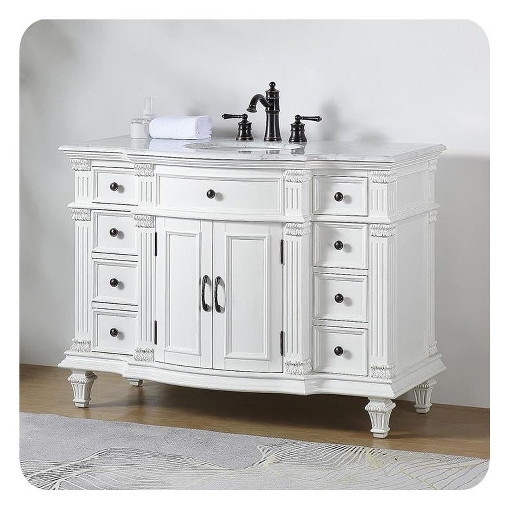 Silkroad Exclusive 48" Single Sink Antique White Bathroom Vanity With Carrara White Marble Countertop and White Ceramic Undermount Sink