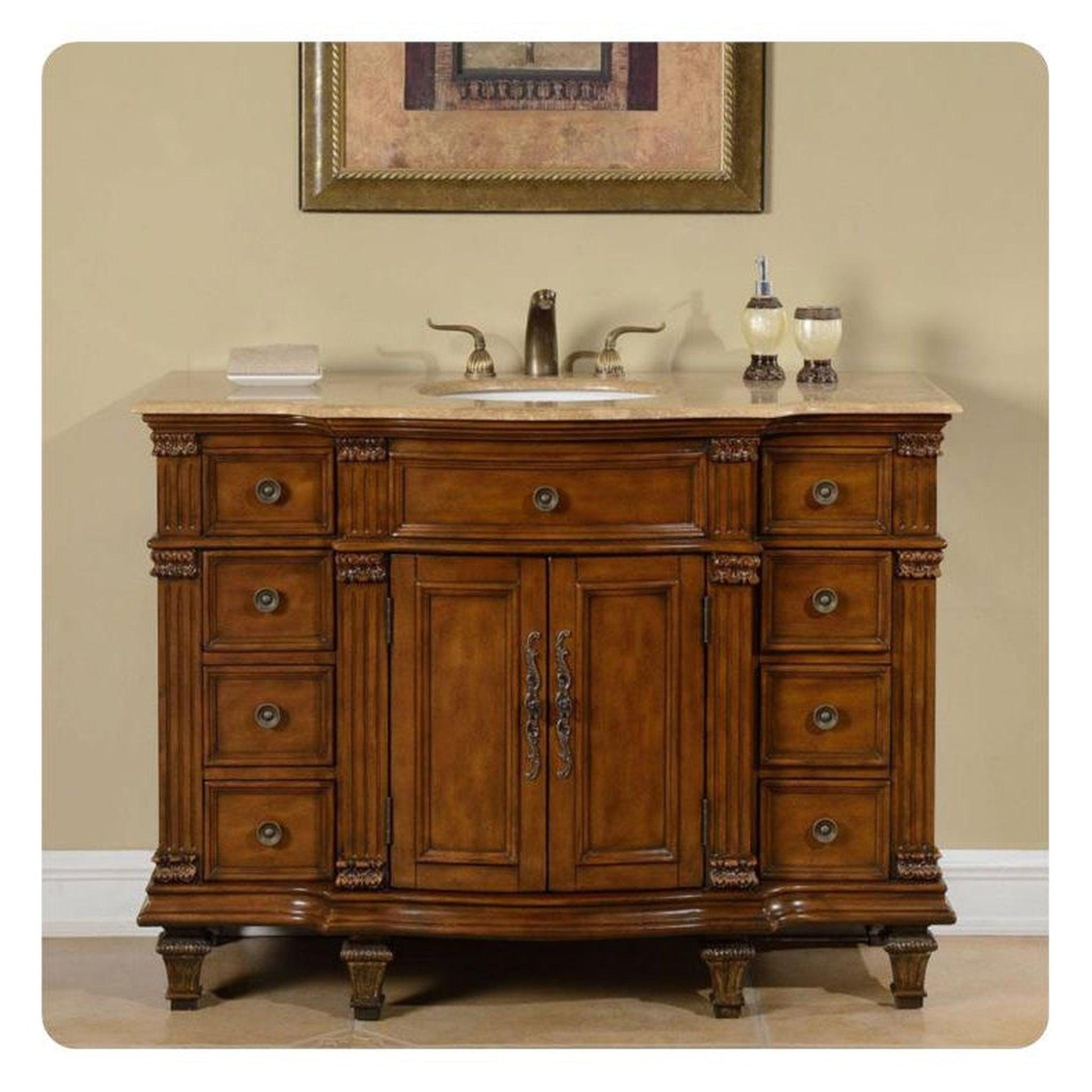 Silkroad Exclusive 48" Single Sink Brazilian Rosewood Bathroom Vanity With Travertine Countertop and White Ceramic Undermount Sink