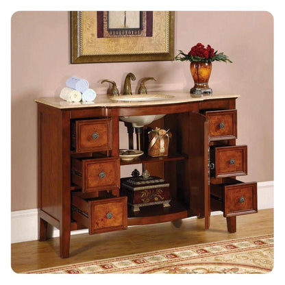 Silkroad Exclusive 48" Single Sink Red Oak Bathroom Vanity With Travertine Countertop and Ivory Ceramic Undermount Sink