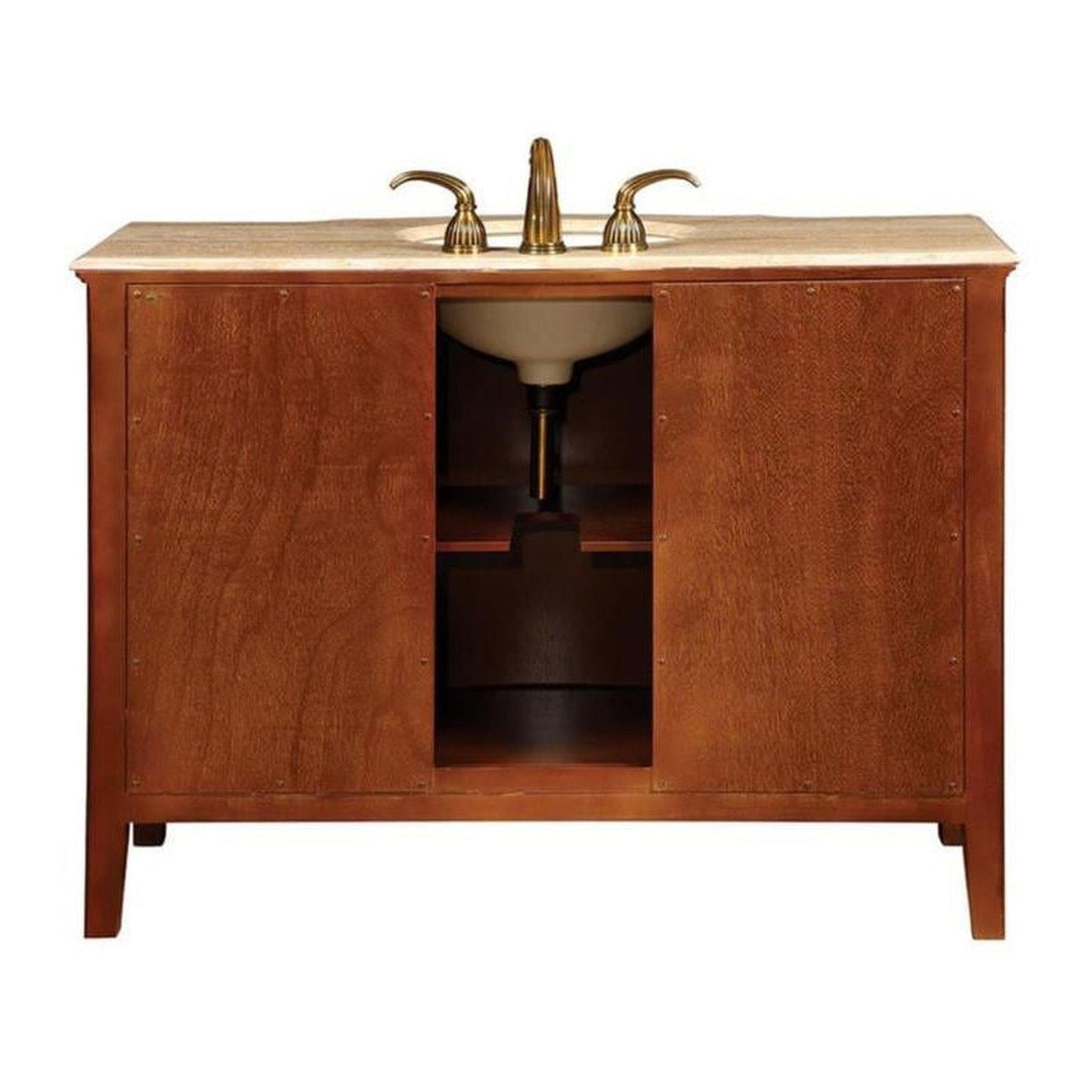 Silkroad Exclusive 48" Single Sink Red Oak Bathroom Vanity With Travertine Countertop and Ivory Ceramic Undermount Sink