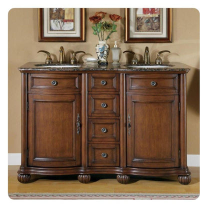 Silkroad Exclusive 52" Double Sink English Chestnut Bathroom Vanity With Baltic Brown Granite Countertop and Ivory Ceramic Undermount Sink