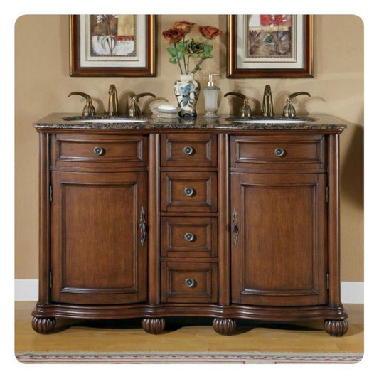 Silkroad Exclusive 52" Double Sink English Chestnut Bathroom Vanity With Baltic Brown Granite Countertop and Ivory Ceramic Undermount Sink