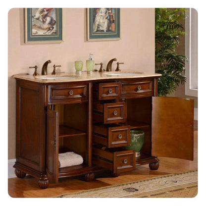 Silkroad Exclusive 52" Double Sink English Chestnut Bathroom Vanity With Travertine Countertop and White Ceramic Undermount Sink