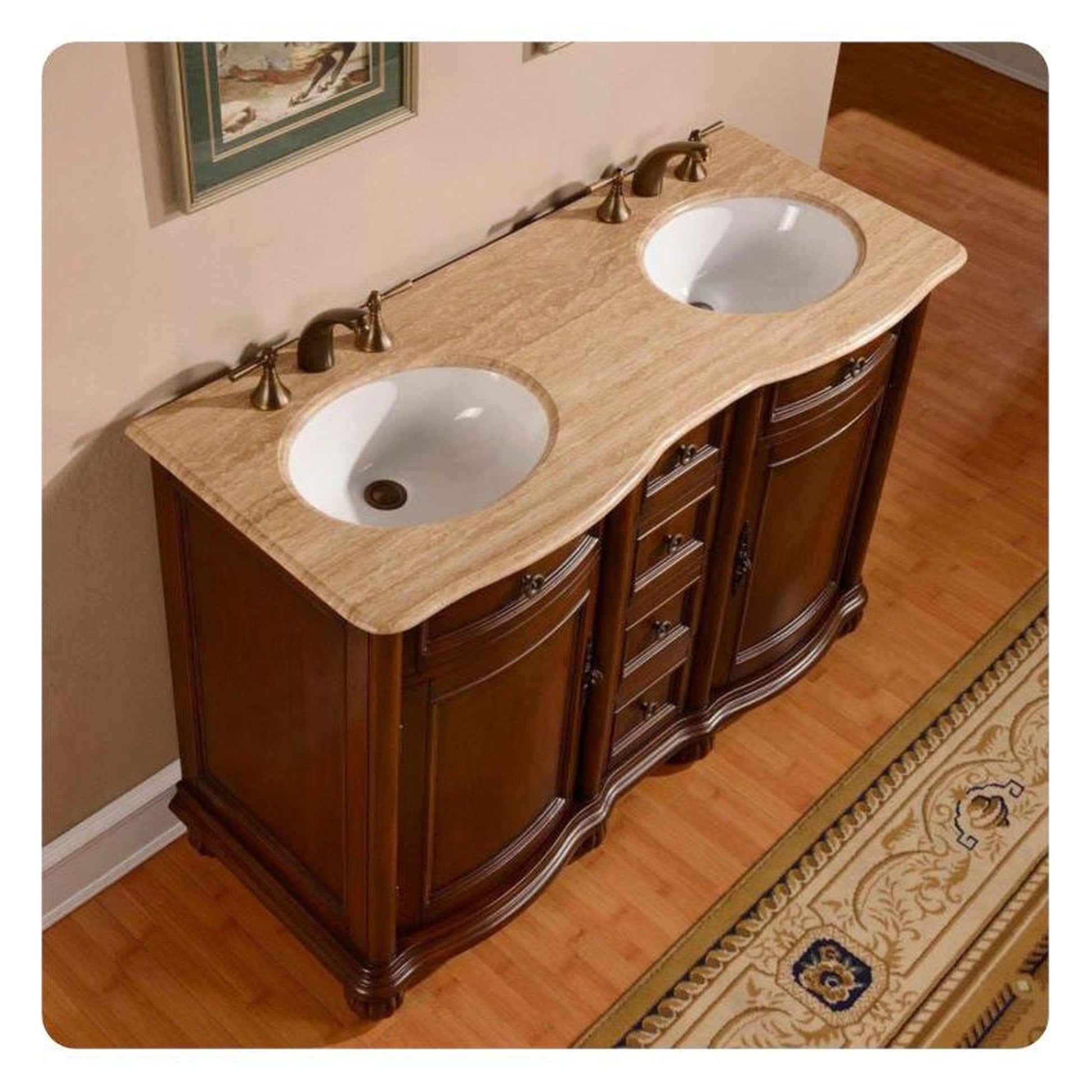 Silkroad Exclusive 52" Double Sink English Chestnut Bathroom Vanity With Travertine Countertop and White Ceramic Undermount Sink