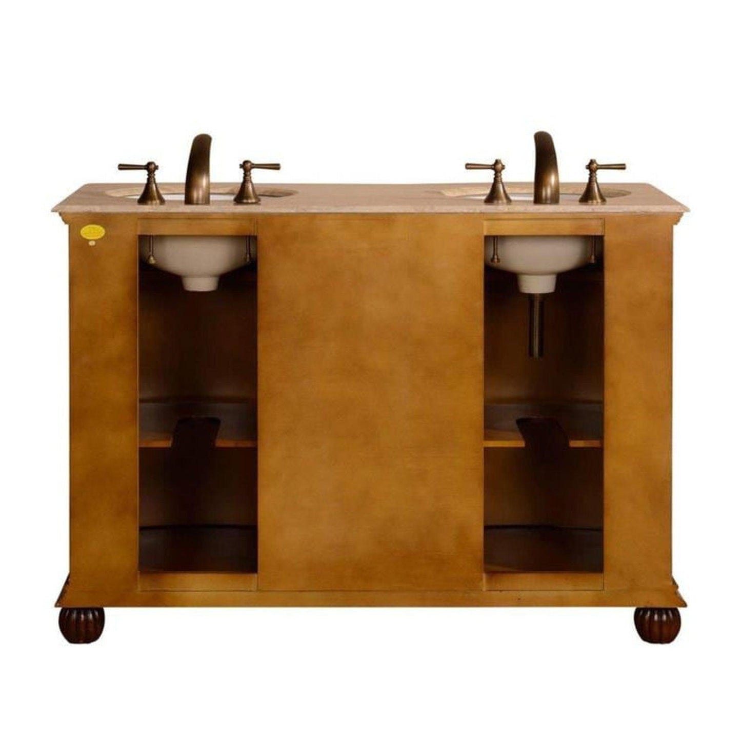 Silkroad Exclusive 52" Double Sink English Chestnut Bathroom Vanity With Travertine Countertop and White Ceramic Undermount Sink