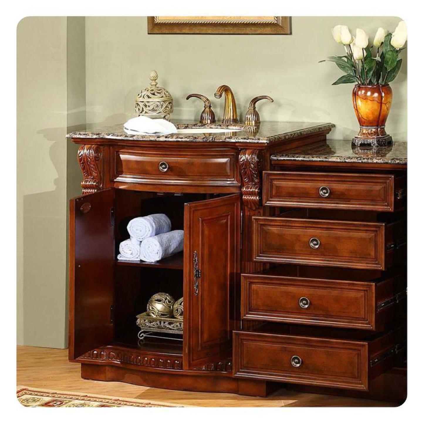 Silkroad Exclusive 53" Single Sink Cherry Modular Bathroom Vanity With Baltic Brown Granite Countertop, Ivory Ceramic Undermount Sink and Drawer Bank Cabinet