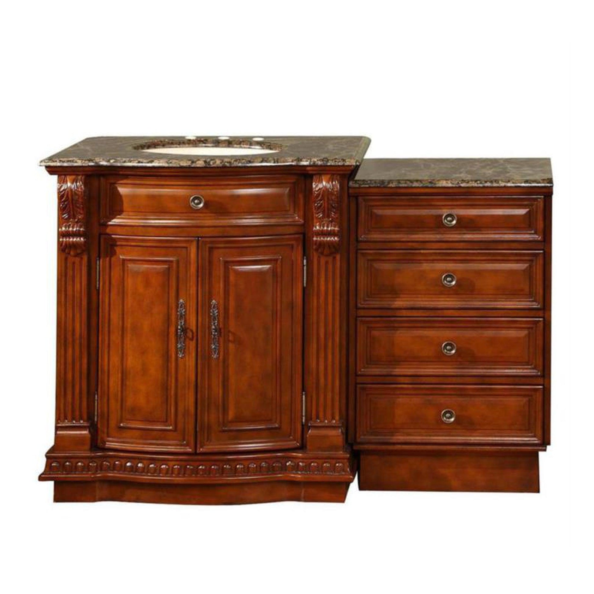 Silkroad Exclusive 53" Single Sink Cherry Modular Bathroom Vanity With Baltic Brown Granite Countertop, Ivory Ceramic Undermount Sink and Drawer Bank Cabinet