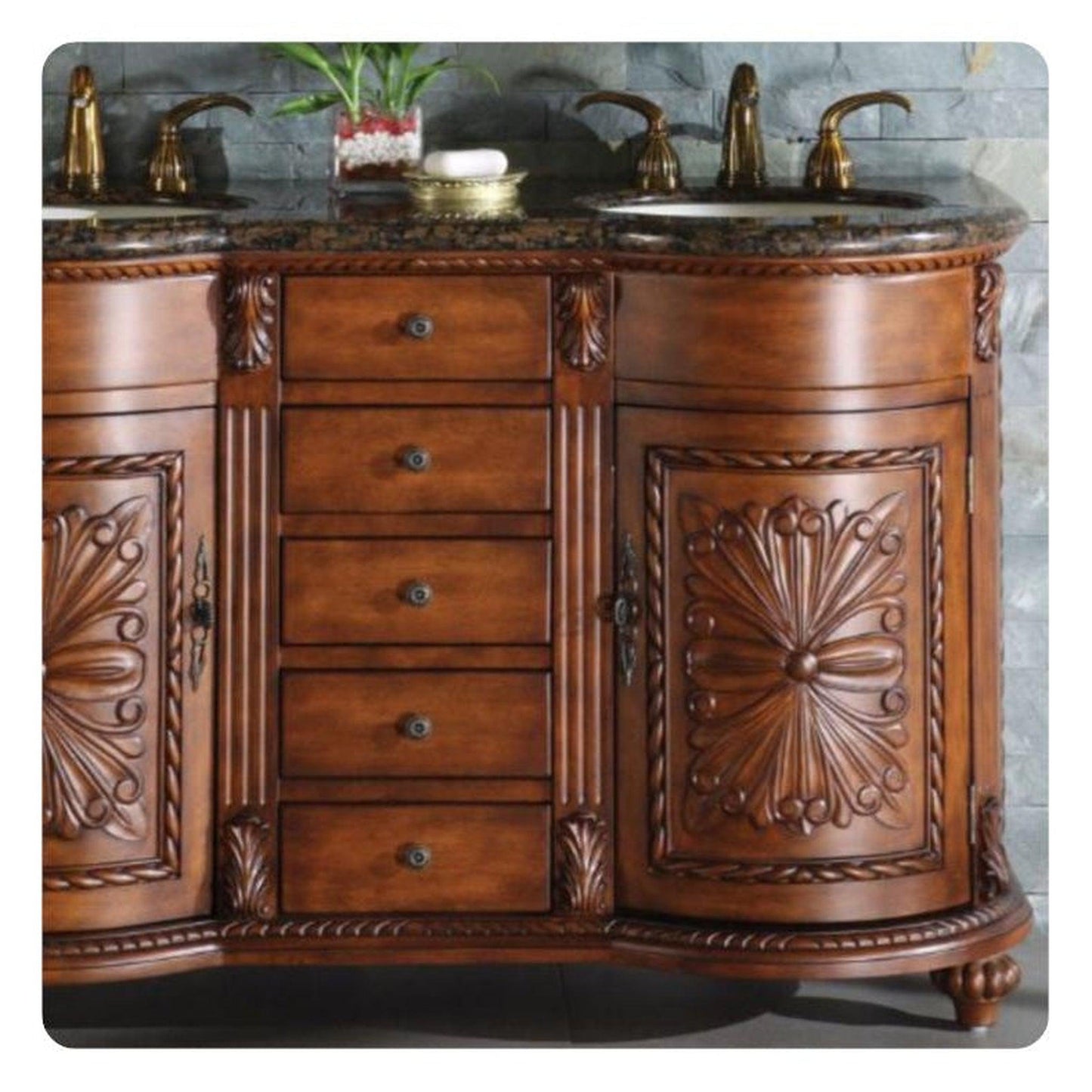 Silkroad Exclusive 54" Double Sink English Chestnut Bathroom Vanity With Baltic Brown Granite Countertop and White Ceramic Undermount Sink