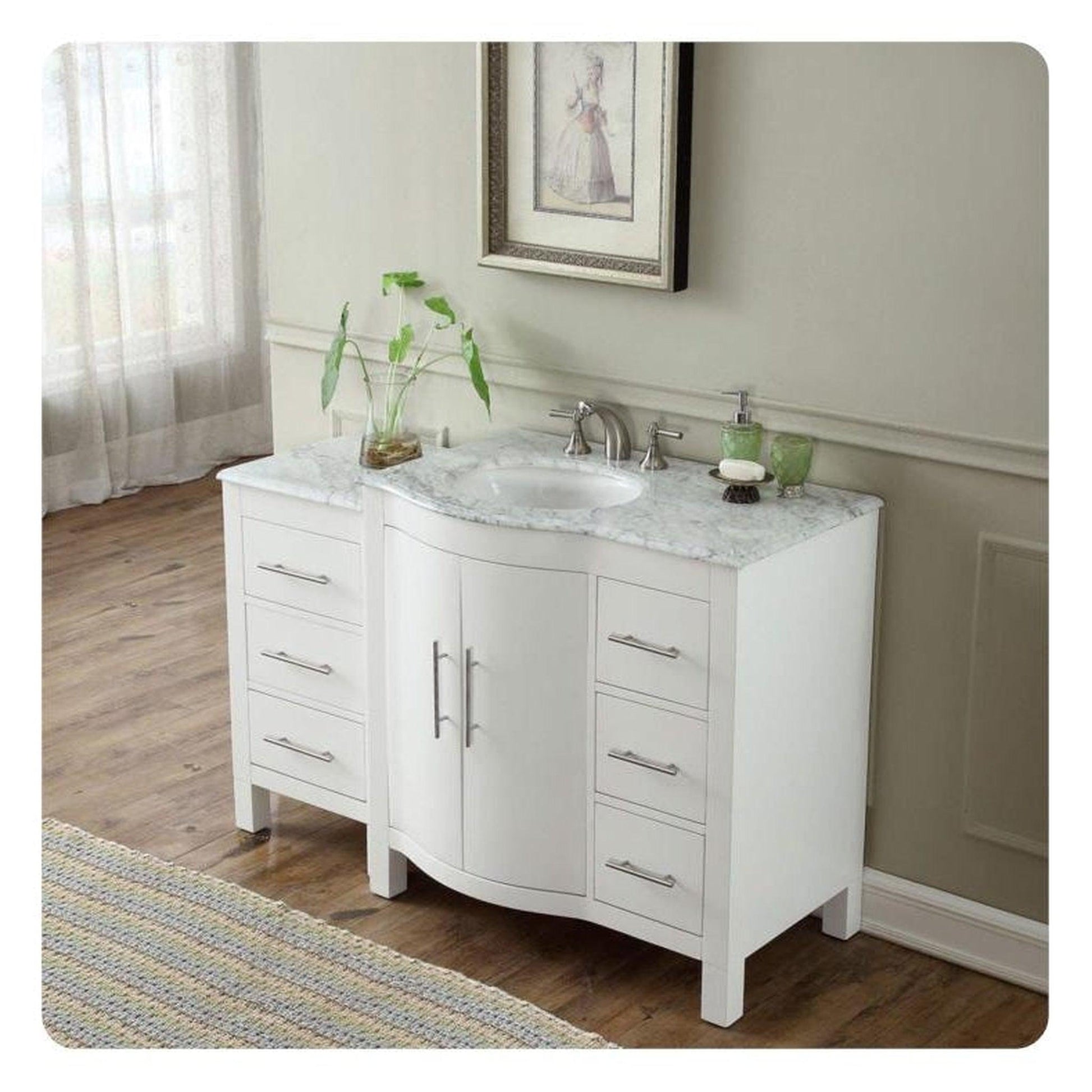 Silkroad Exclusive 54" Single Left Sink White Bathroom Vanity With Carrara White Marble Countertop and White Ceramic Undermount Sink