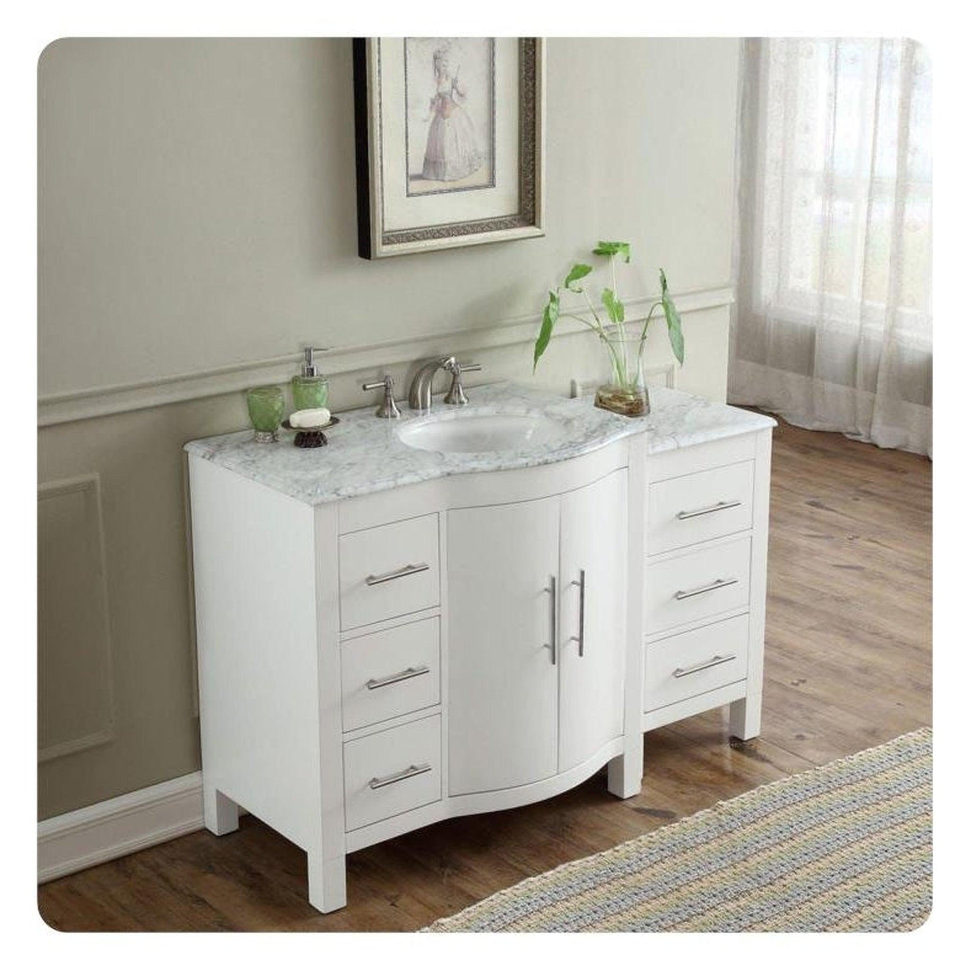 Silkroad Exclusive 54" Single Right Sink White Bathroom Vanity With Carrara White Marble Countertop and White Ceramic Undermount Sink