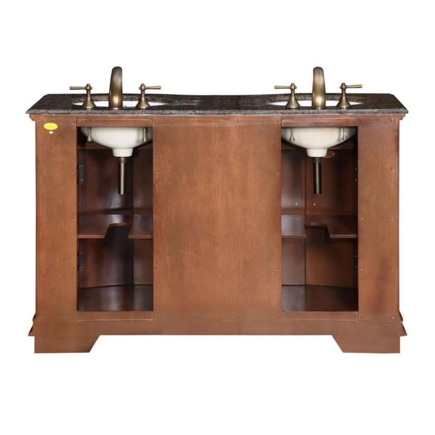 Silkroad Exclusive 55" Double Sink Cherry Bathroom Vanity With Baltic Brown Granite Countertop and White Ceramic Undermount Sink