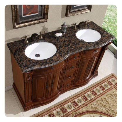 Silkroad Exclusive 55" Double Sink Cherry Bathroom Vanity With Baltic Brown Granite Countertop and White Ceramic Undermount Sink