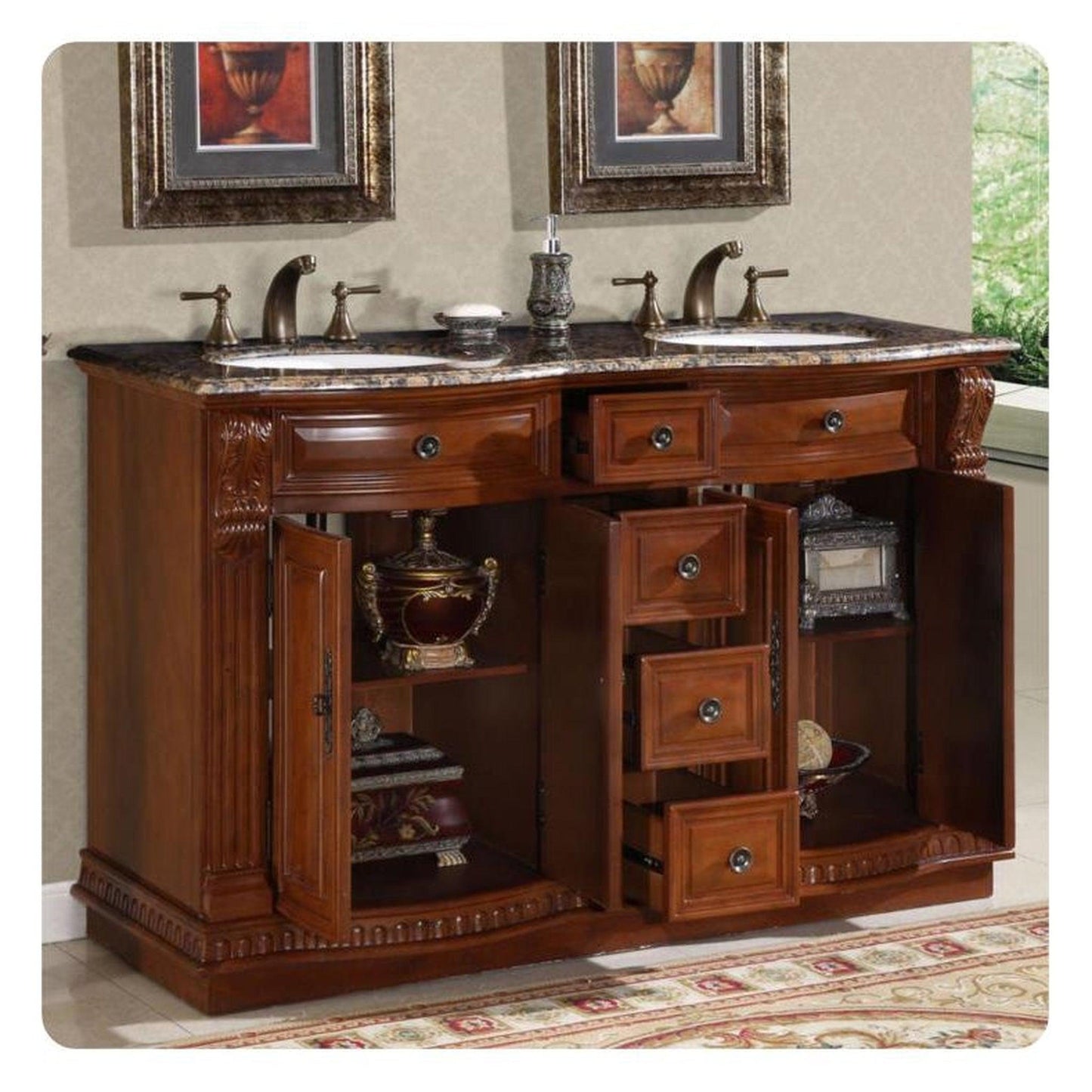 Silkroad Exclusive 55" Double Sink Cherry Bathroom Vanity With Baltic Brown Granite Countertop and White Ceramic Undermount Sink