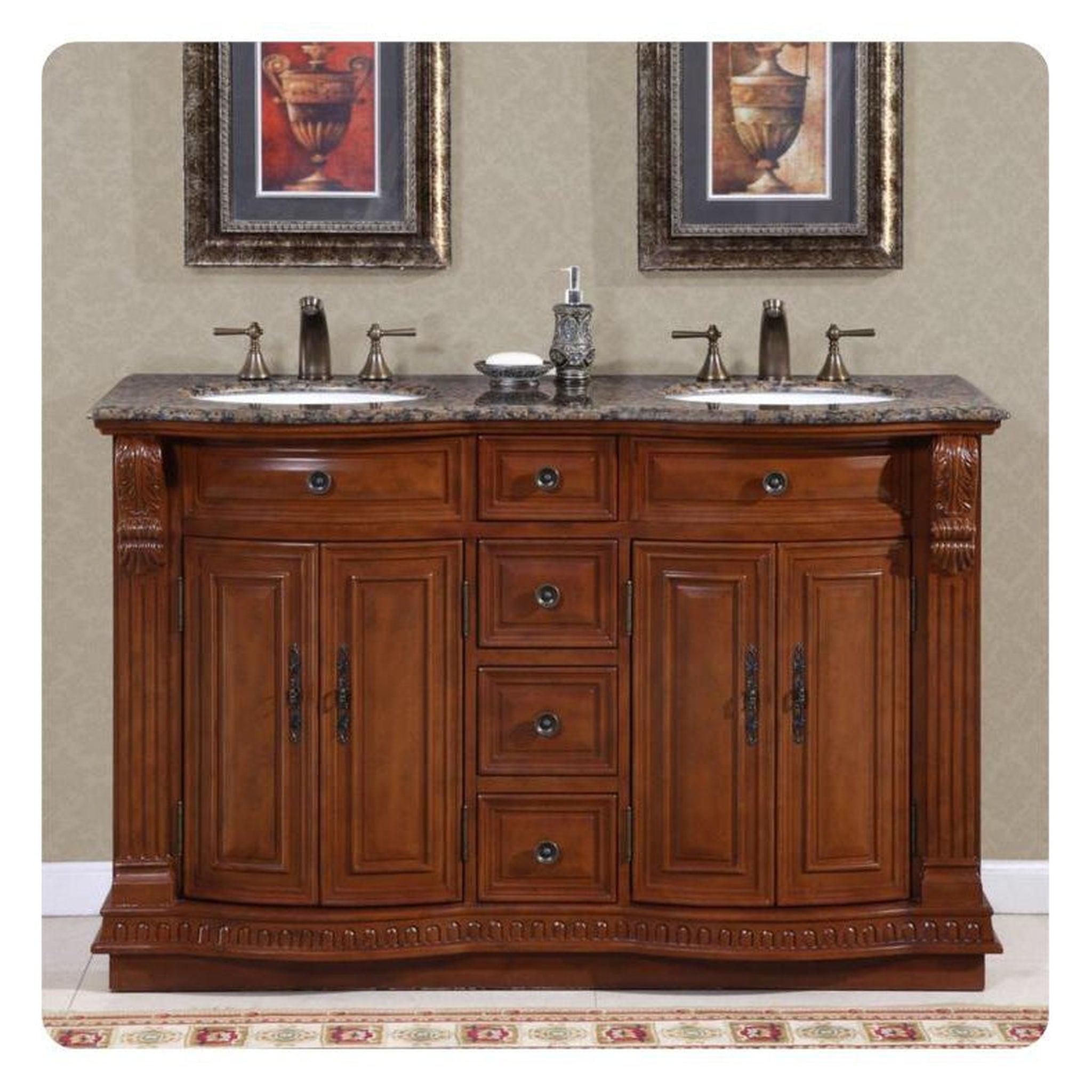 Silkroad Exclusive 55" Double Sink Cherry Bathroom Vanity With Baltic