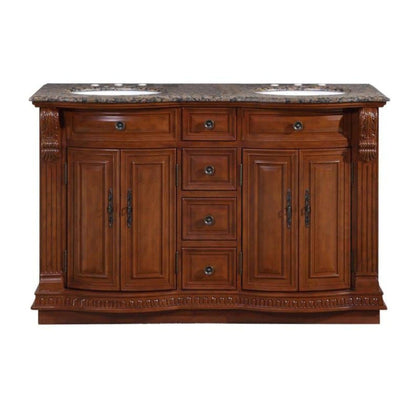 Silkroad Exclusive 55" Double Sink Cherry Bathroom Vanity With Baltic Brown Granite Countertop and White Ceramic Undermount Sink