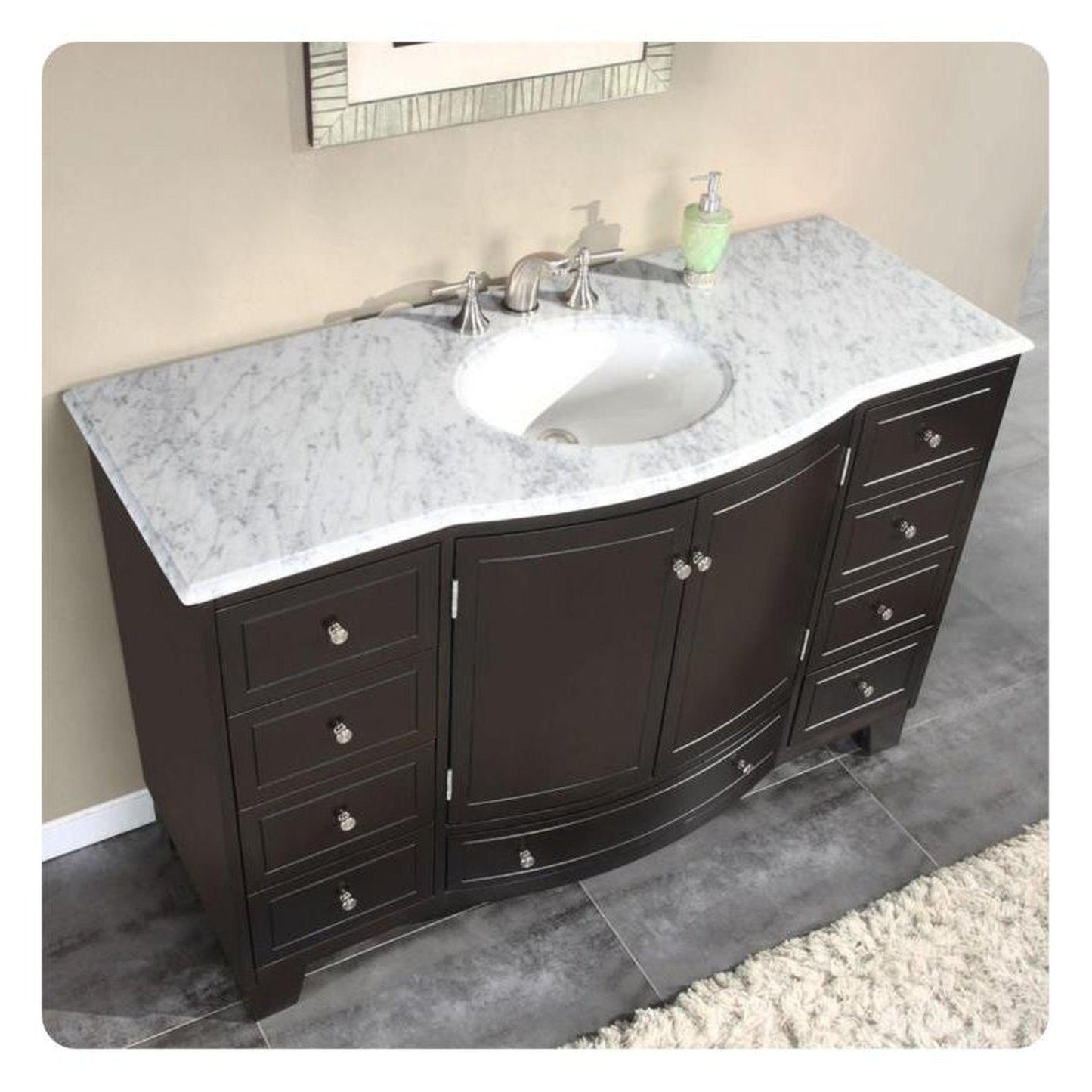 Silkroad Exclusive 55" Single Sink Dark Espresso Bathroom Vanity With Carrara White Marble Countertop and White Ceramic Undermount Sink