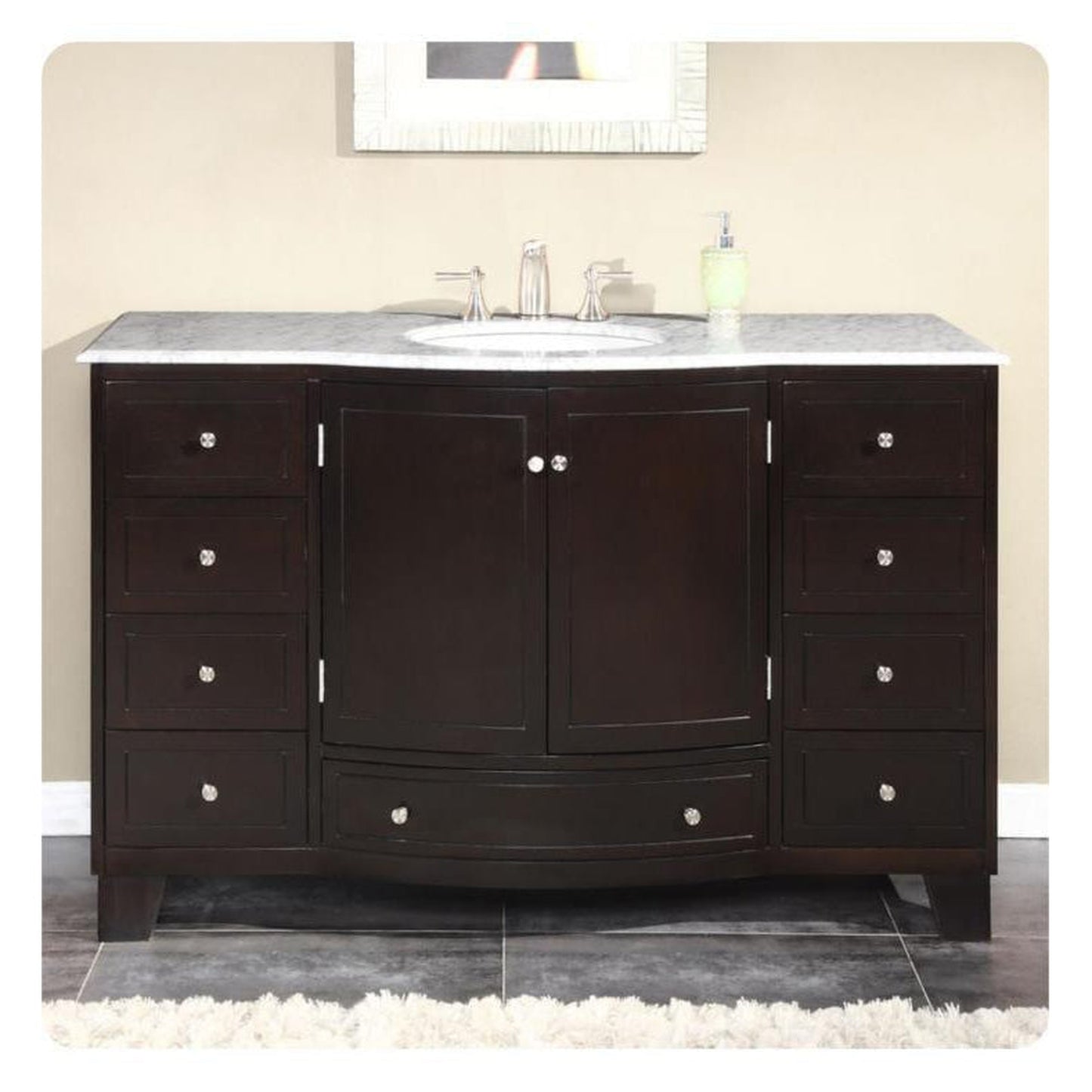 Silkroad Exclusive 55" Single Sink Dark Espresso Bathroom Vanity With Carrara White Marble Countertop and White Ceramic Undermount Sink