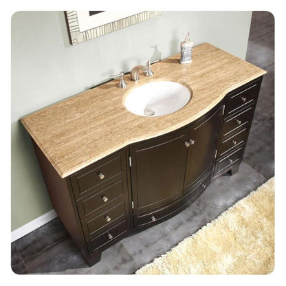 Silkroad Exclusive 55" Single Sink Dark Espresso Bathroom Vanity With Travertine Countertop and White Ceramic Undermount Sink