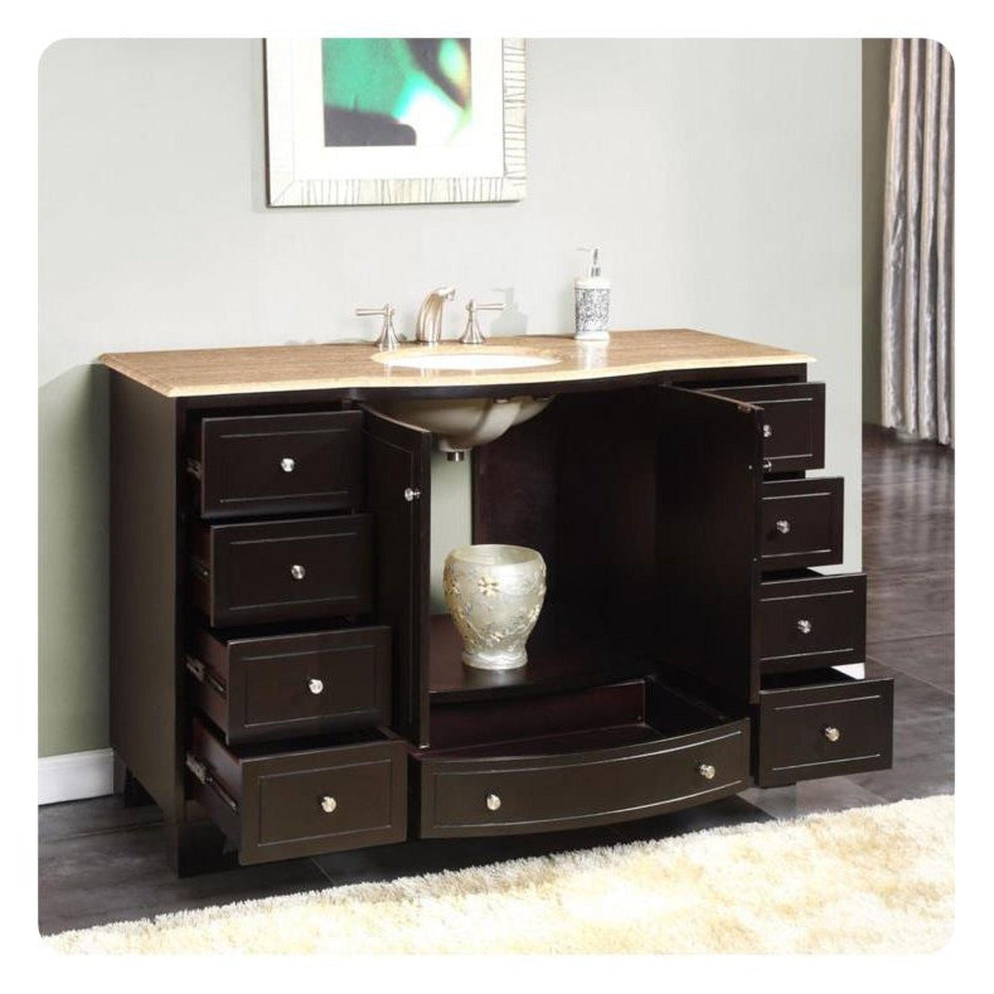 Silkroad Exclusive 55" Single Sink Dark Espresso Bathroom Vanity With Travertine Countertop and White Ceramic Undermount Sink