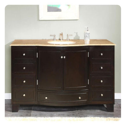 Silkroad Exclusive 55" Single Sink Dark Espresso Bathroom Vanity With Travertine Countertop and White Ceramic Undermount Sink