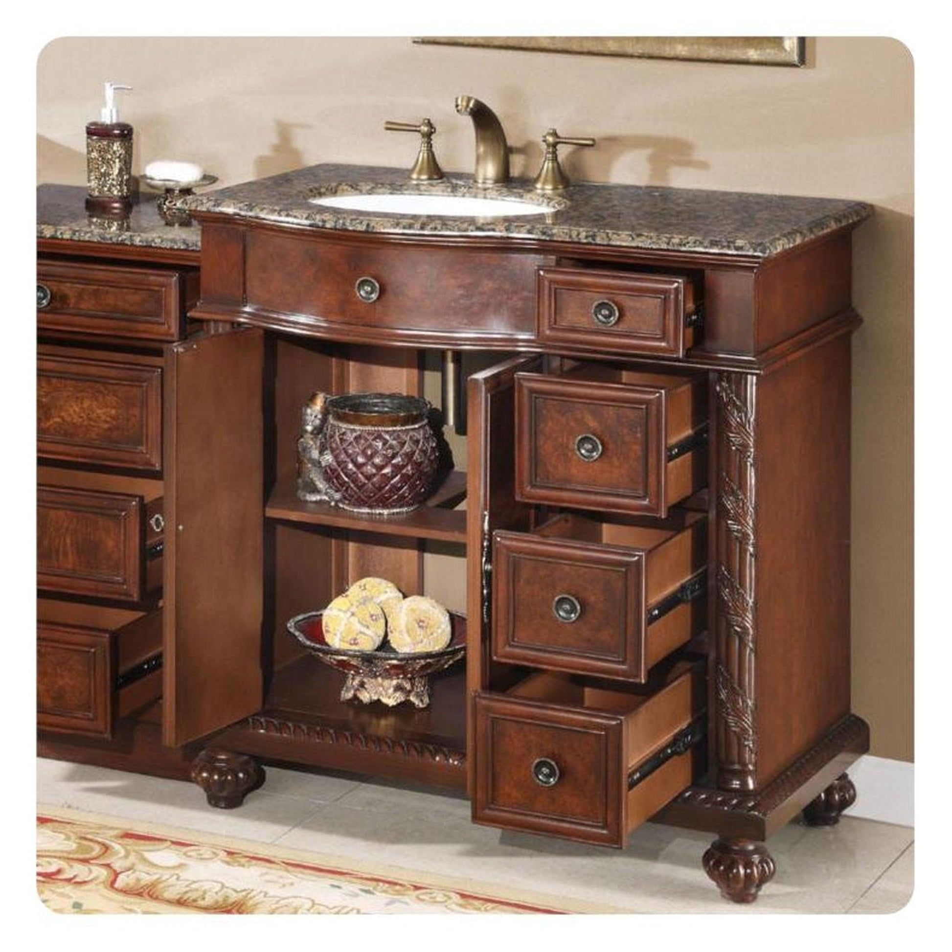 Silkroad Exclusive 56" Single Left Side Sink English Chestnut Modular Bathroom Vanity With Baltic Brown Granite, White Ceramic Undermount Sink and Drawer Bank Cabinet