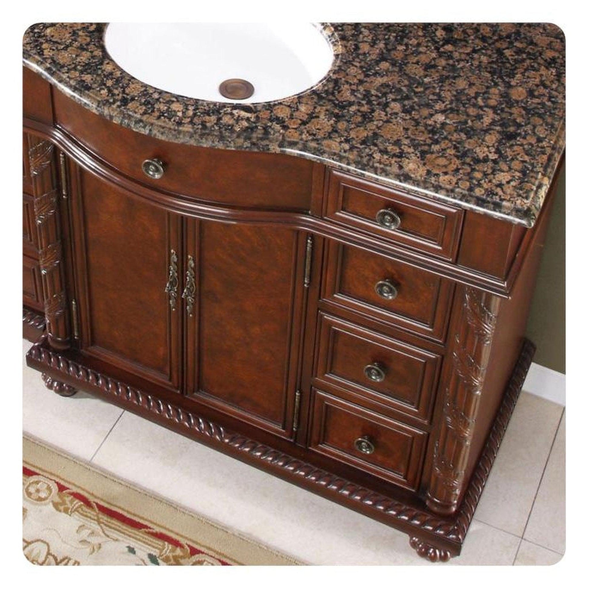 Silkroad Exclusive 56" Single Left Side Sink English Chestnut Modular Bathroom Vanity With Baltic Brown Granite, White Ceramic Undermount Sink and Drawer Bank Cabinet