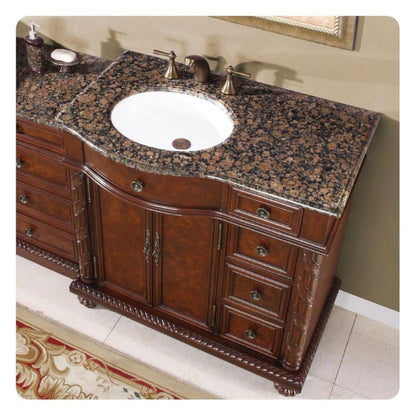 Silkroad Exclusive 56" Single Left Side Sink English Chestnut Modular Bathroom Vanity With Baltic Brown Granite, White Ceramic Undermount Sink and Drawer Bank Cabinet