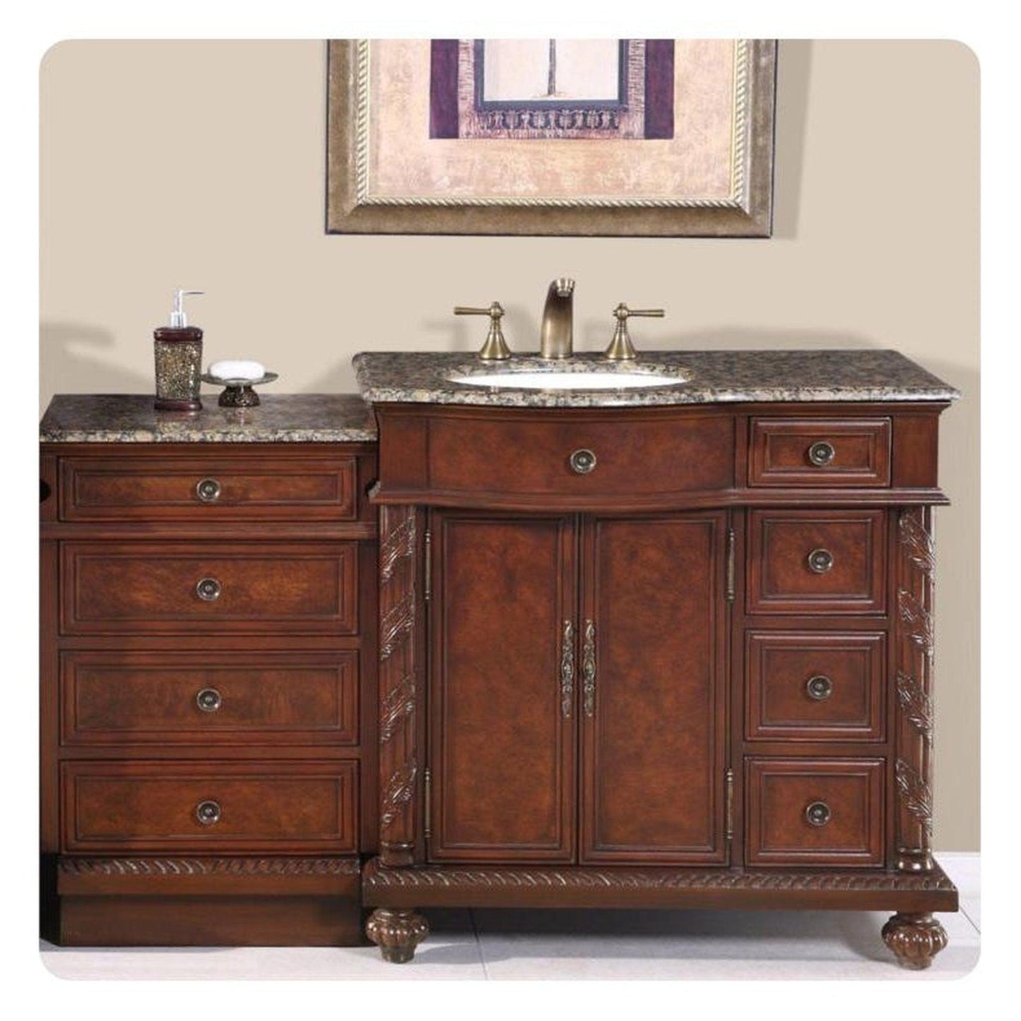 Silkroad Exclusive 56" Single Left Side Sink English Chestnut Modular Bathroom Vanity With Baltic Brown Granite, White Ceramic Undermount Sink and Drawer Bank Cabinet