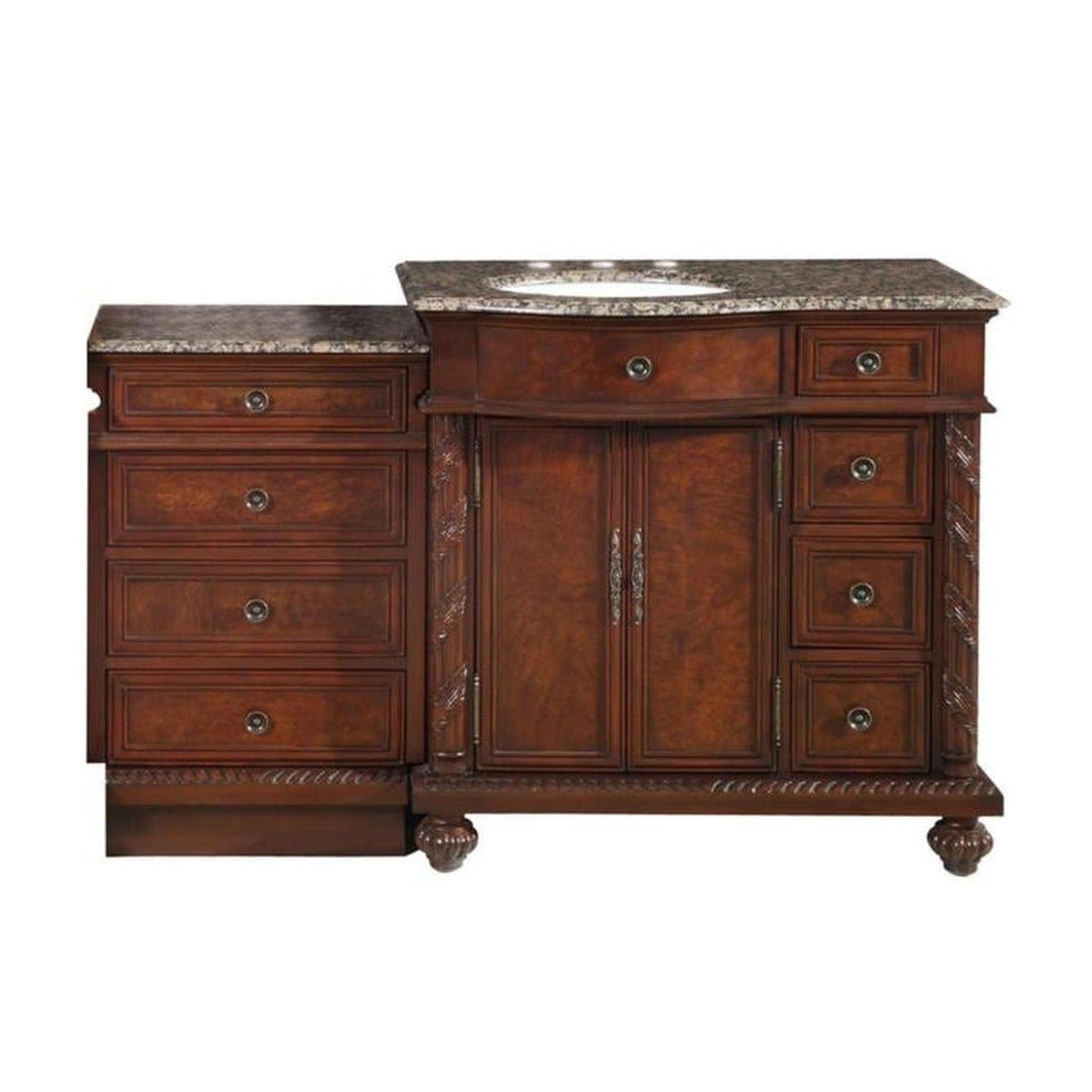 Silkroad Exclusive 56" Single Left Side Sink English Chestnut Modular Bathroom Vanity With Baltic Brown Granite, White Ceramic Undermount Sink and Drawer Bank Cabinet