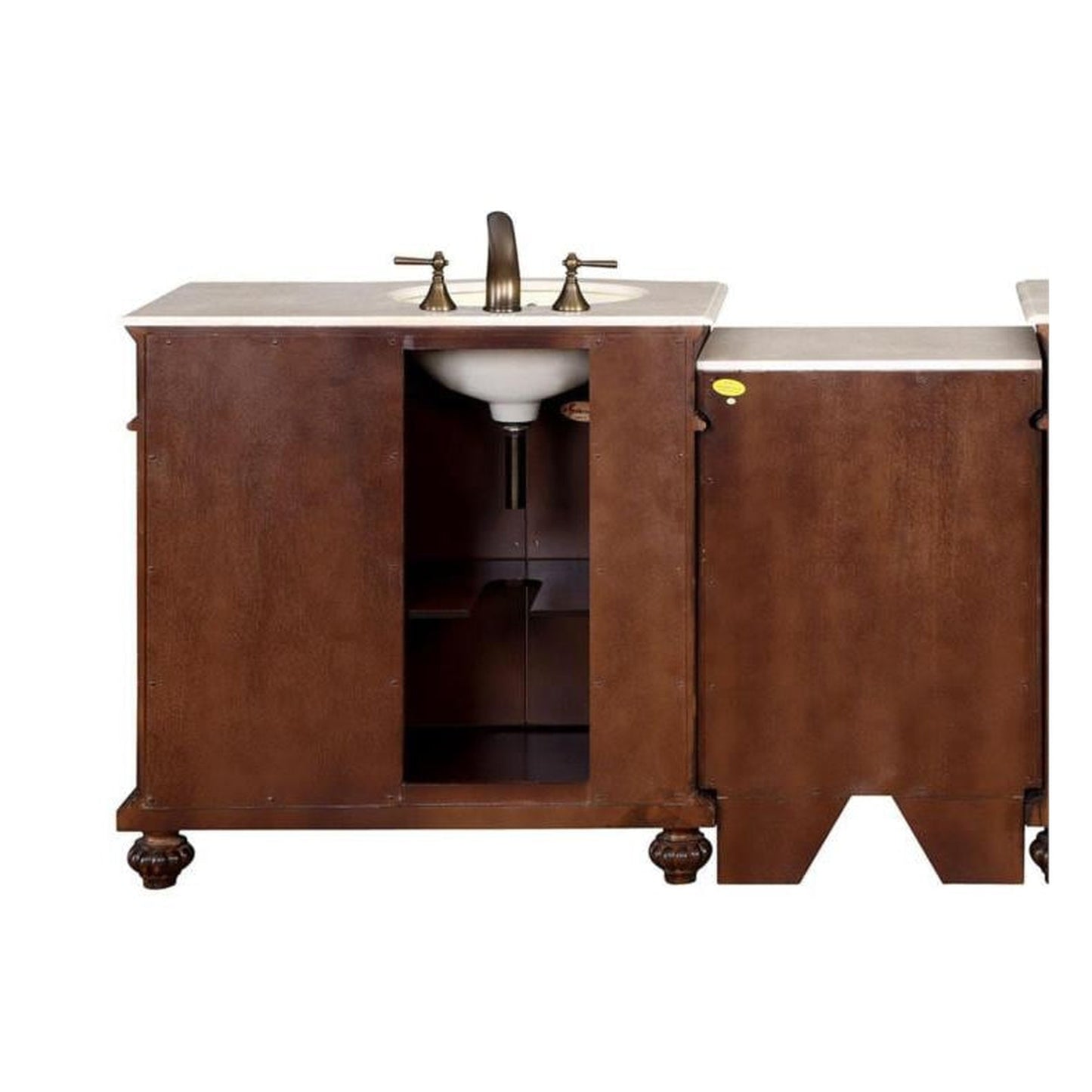 Silkroad Exclusive 56" Single Left Side Sink English Chestnut Modular Bathroom Vanity With Crema Marfil Marble, Ivory Ceramic Undermount Sink and Drawer Bank Cabinet