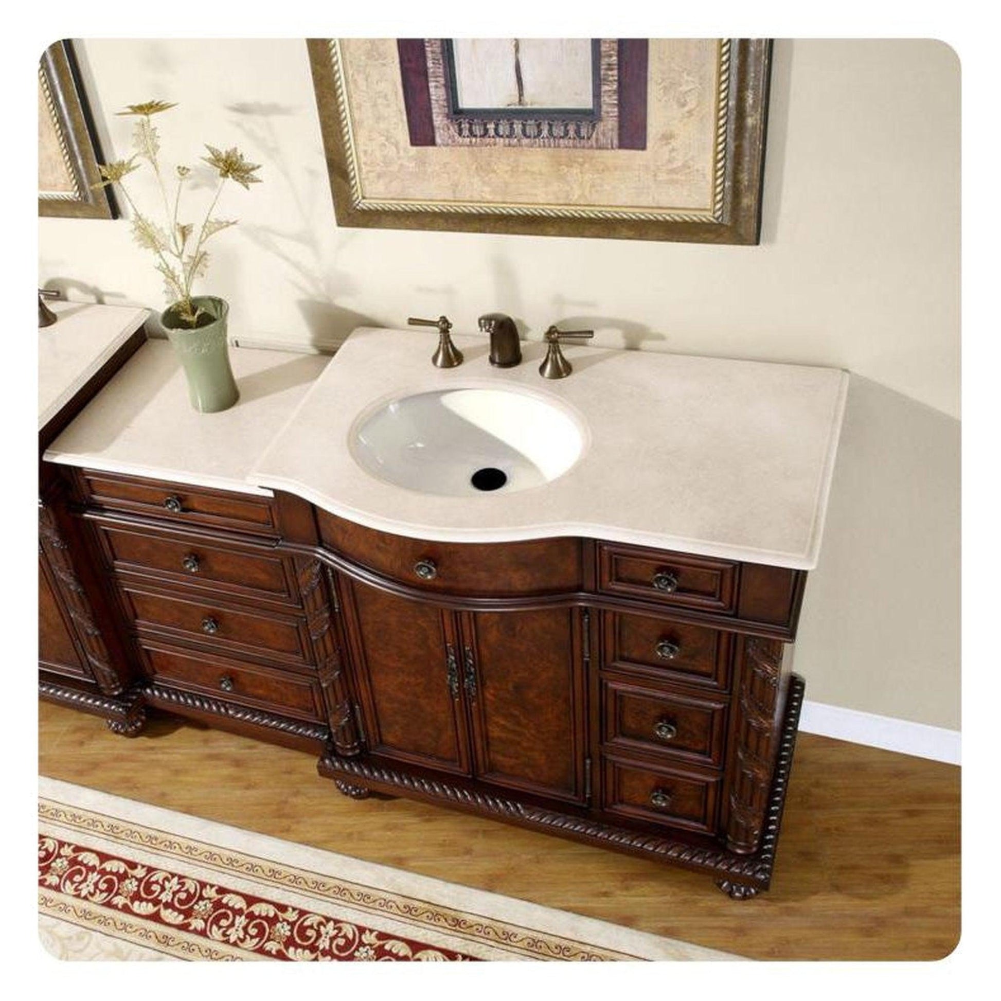 Silkroad Exclusive 56" Single Left Side Sink English Chestnut Modular Bathroom Vanity With Crema Marfil Marble, Ivory Ceramic Undermount Sink and Drawer Bank Cabinet