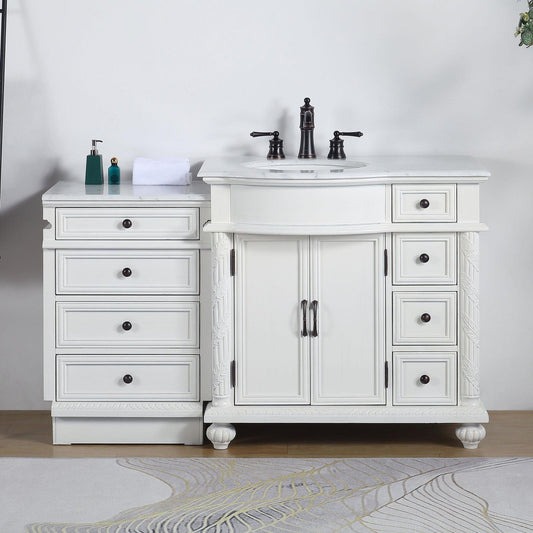 Silkroad Exclusive 56" Single Left Sink Antique White Modular Bathroom Vanity With Carrara White Marble Countertop and White Ceramic Undermount Sink
