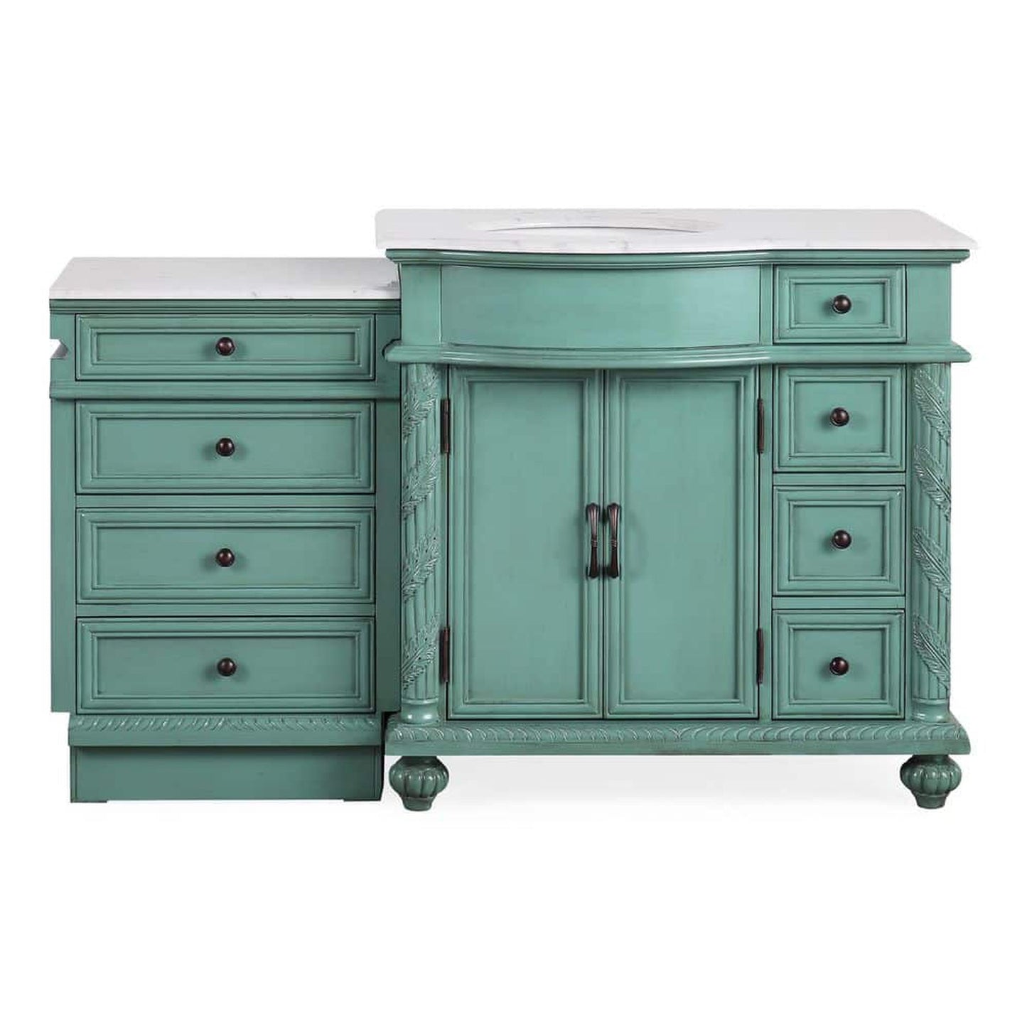 Silkroad Exclusive 56" Single Left Sink Vintage Green Modular Bathroom Vanity With Carrara White Marble Countertop and White Ceramic Undermount Sink