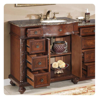 Silkroad Exclusive 56" Single Right Side Sink English Chestnut Modular Bathroom Vanity With Baltic Brown Granite, White Ceramic Undermount Sink and Drawer Bank Cabinet