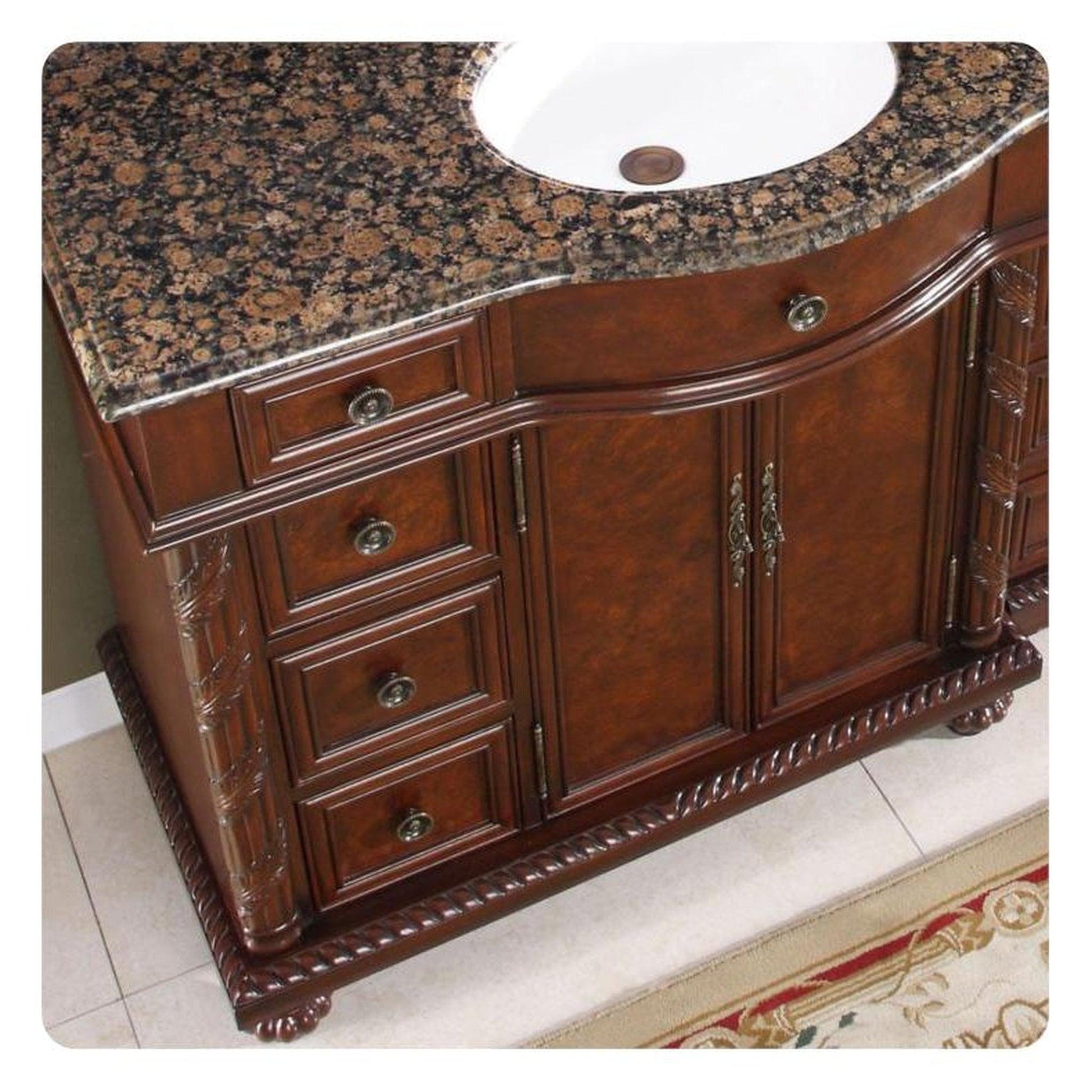 Silkroad Exclusive 56" Single Right Side Sink English Chestnut Modular Bathroom Vanity With Baltic Brown Granite, White Ceramic Undermount Sink and Drawer Bank Cabinet