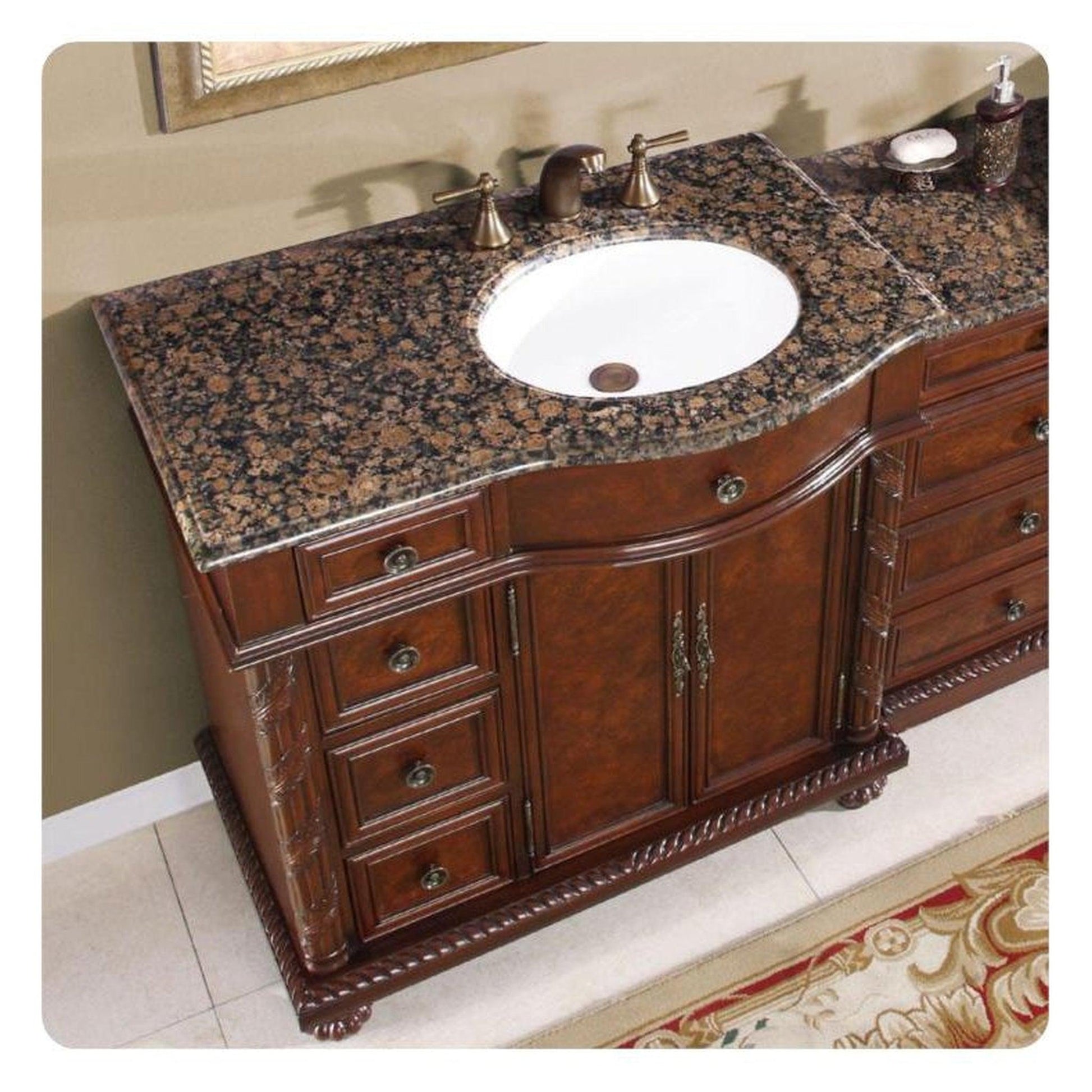 Silkroad Exclusive 56" Single Right Side Sink English Chestnut Modular Bathroom Vanity With Baltic Brown Granite, White Ceramic Undermount Sink and Drawer Bank Cabinet